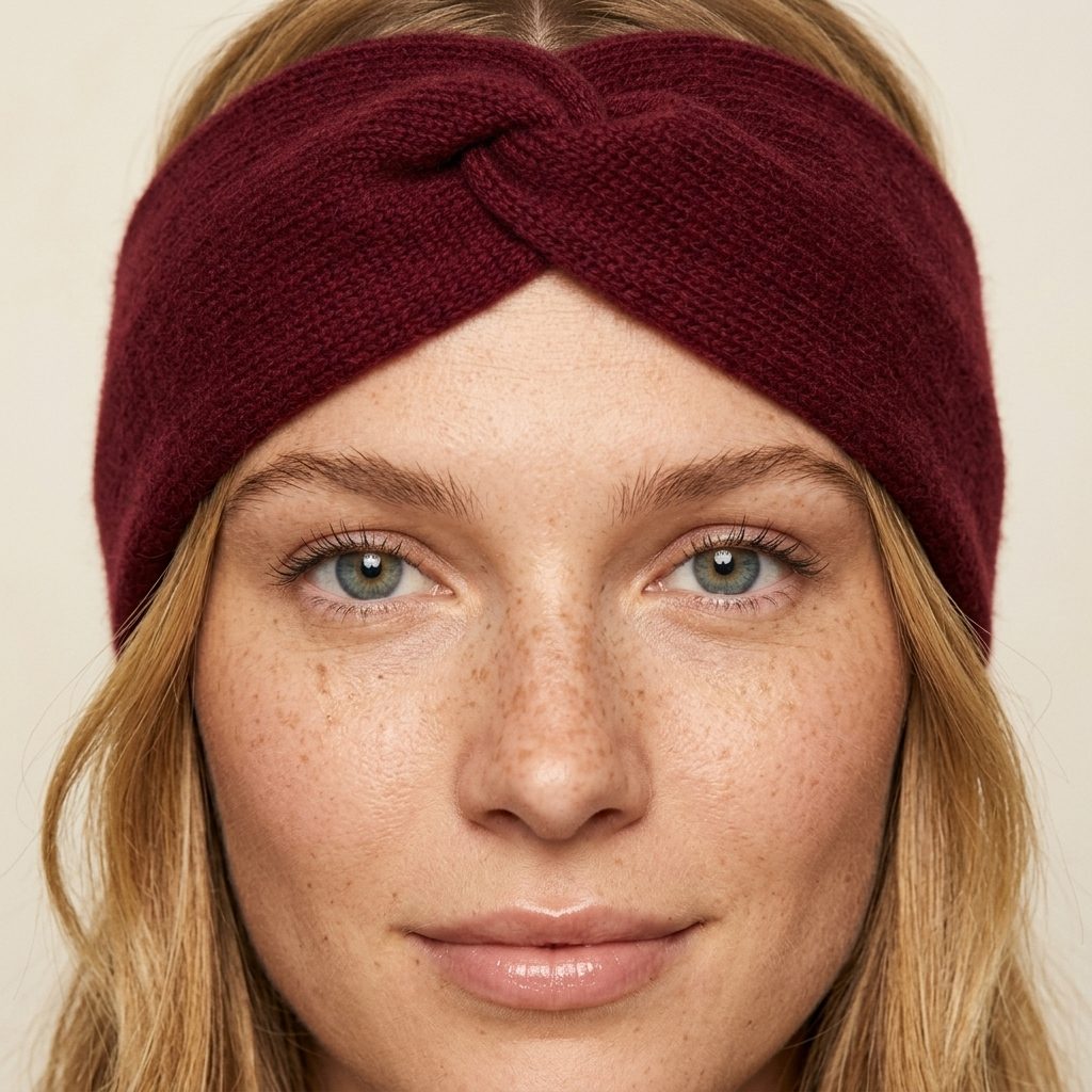 Gomba twisted-front cashmere headband in Wine Red, worn, view 3