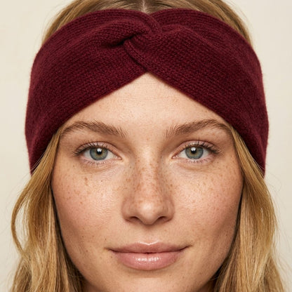 Gomba twisted-front cashmere headband in Wine Red, worn, view 3