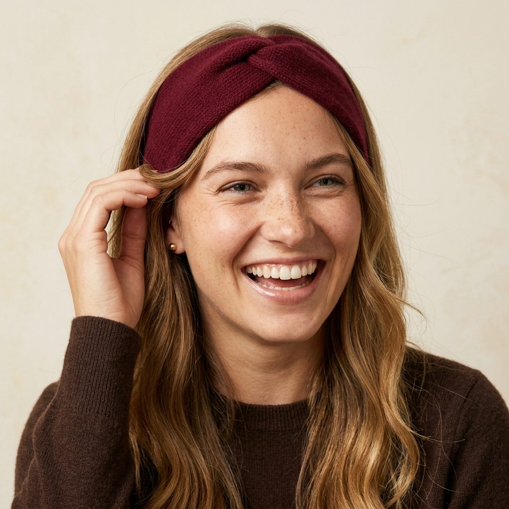 Gomba twisted-front cashmere headband in Wine Red, worn, view 4