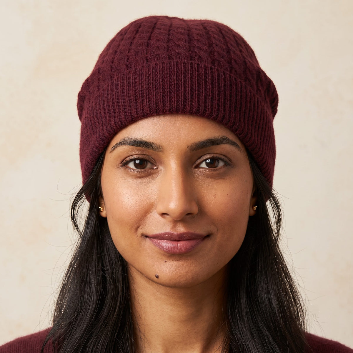 WCWR Women's Cashmere Beanie - Heritage Cable Knit Wine Red 3
