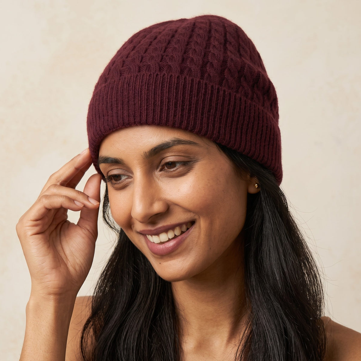 WCWR Women's Cashmere Beanie - Heritage Cable Knit Wine Red 4