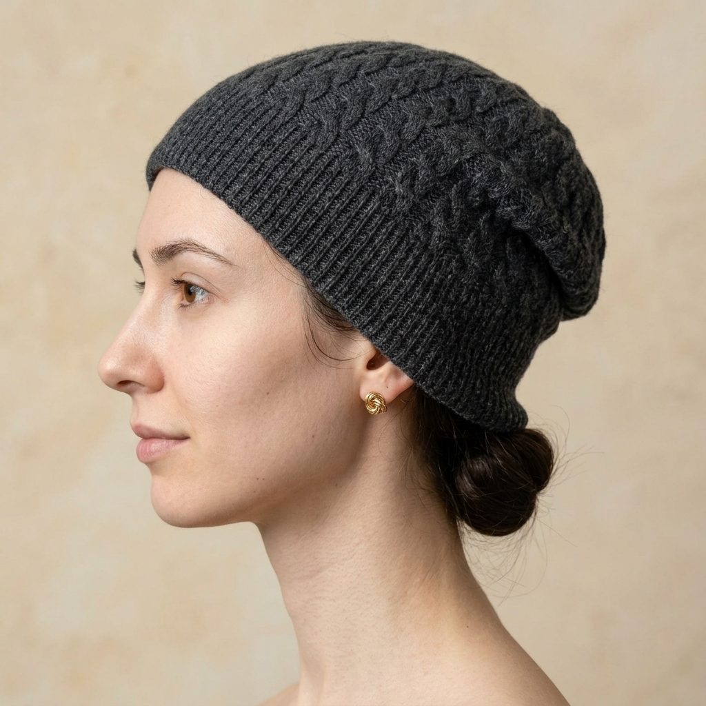 WCDM Women's Undyed Cashmere Beanie - Heritage Cable Knit Dark Grey Melange 6