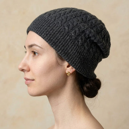 WCDM Women's Undyed Cashmere Beanie - Heritage Cable Knit Dark Grey Melange 6