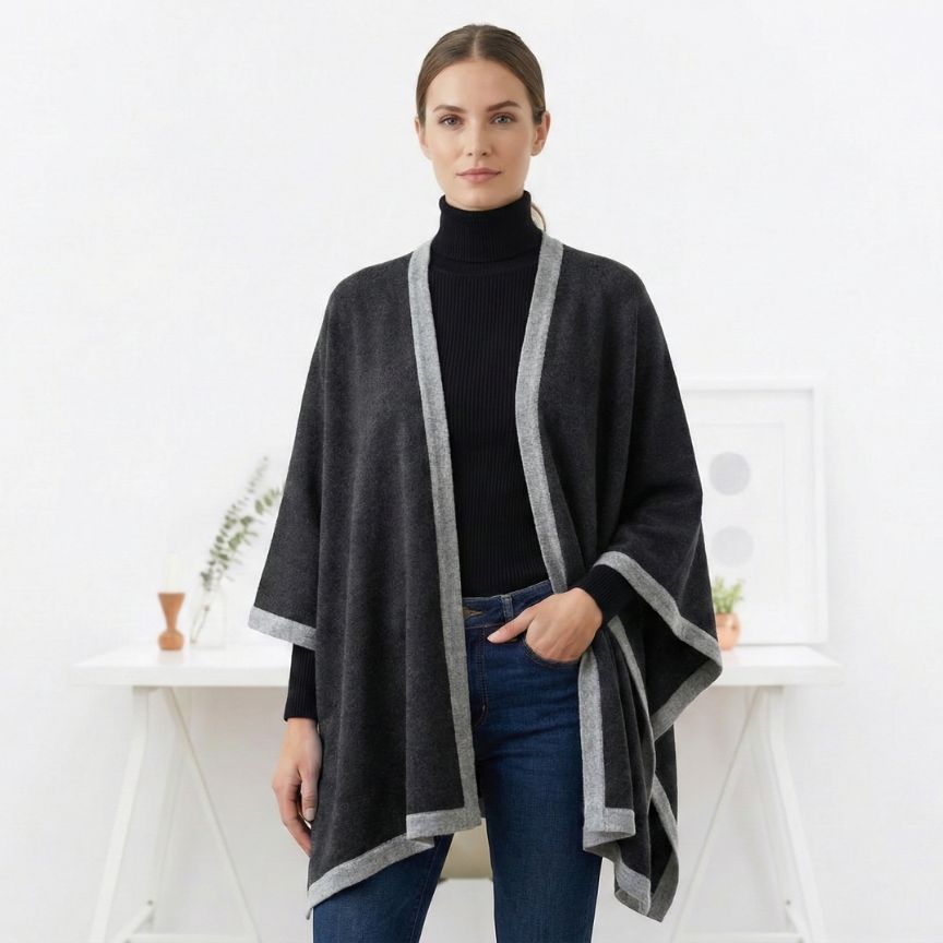 Undyed Pure Himalayan Cashmere Artisan Cape For Women - Dark Grey Melange