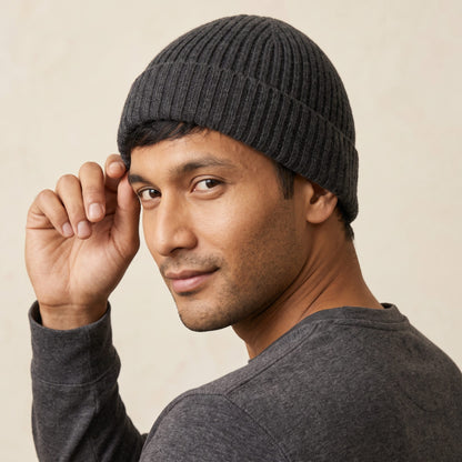HRDM Men's Undyed Cashmere Beanie - Haven Ribbed Dark Grey Melange 6