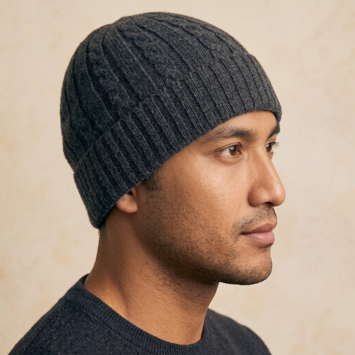 HCDM Men's Undyed Cashmere Beanie - Heritage Cable Knit Dark Grey Melange 6
