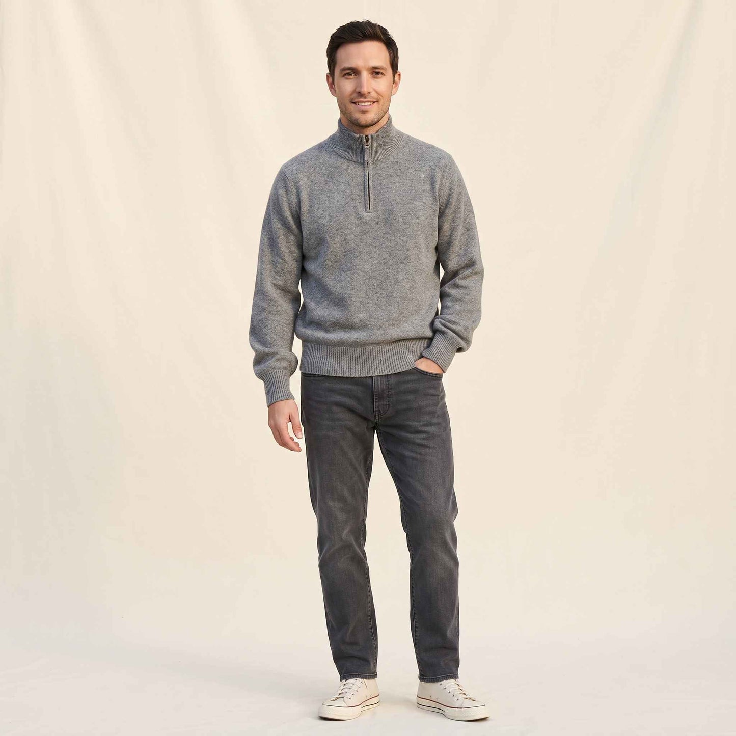 Men's undyed cashmere quarter-zip sweater, Executive in Mid Grey Melange - view 1