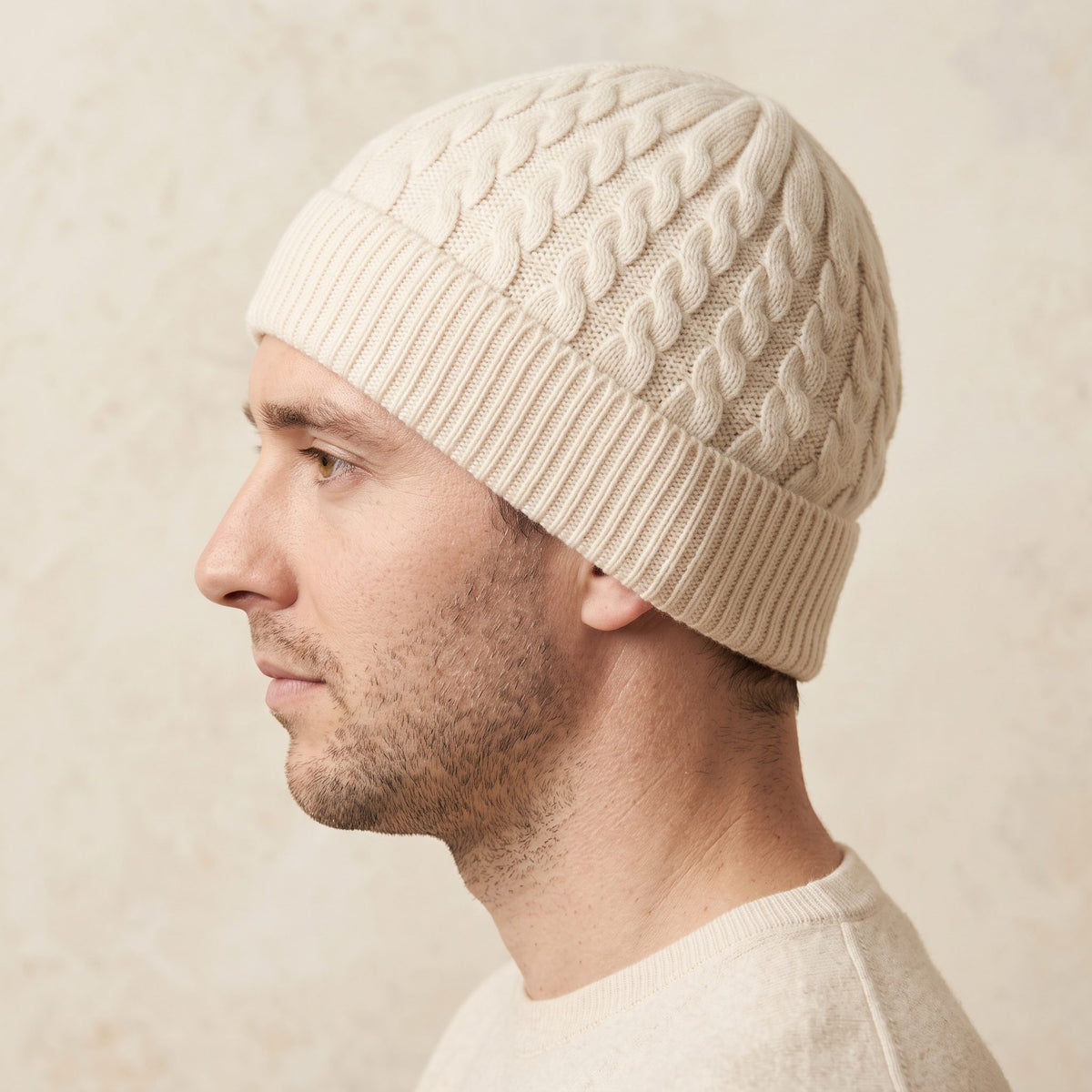 HCOW Men's Cashmere Beanie - Heritage Cable Knit Off-White 6