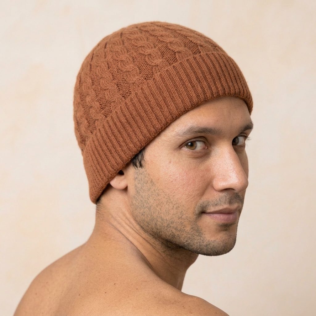 HAB04 Men's Cashmere Beanie - Heritage Cable Knit Amber 6