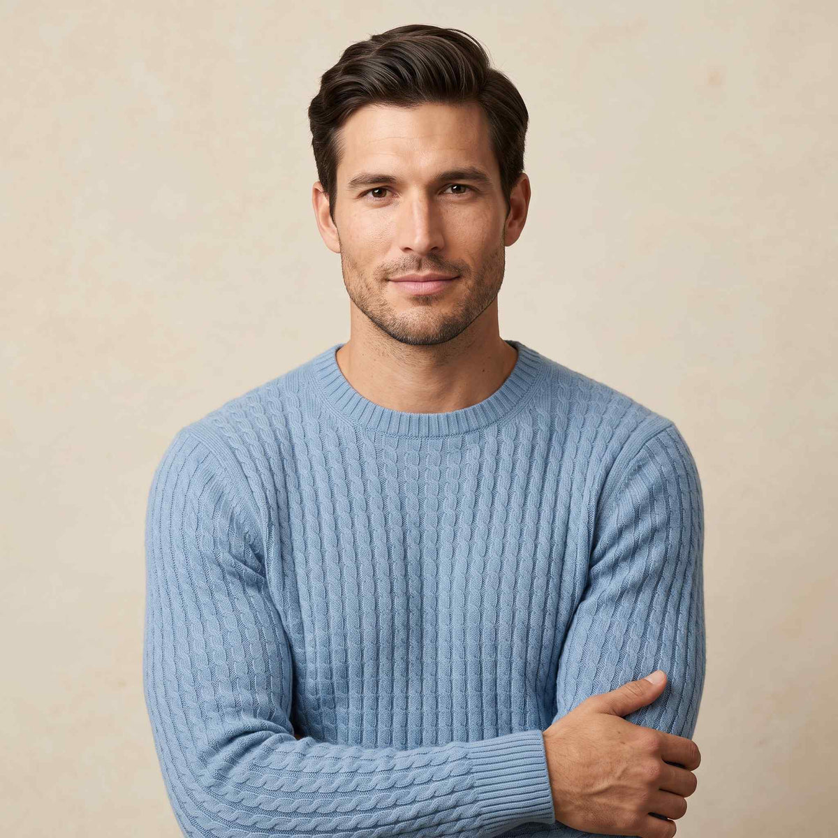 Men's cable-knit cashmere sweater, Atlas in Sky Blue - view 5
