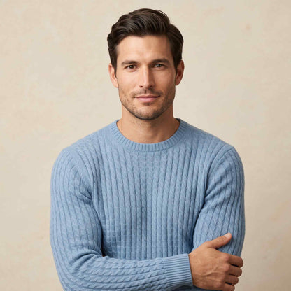 Men's cable-knit cashmere sweater, Atlas in Sky Blue - view 5