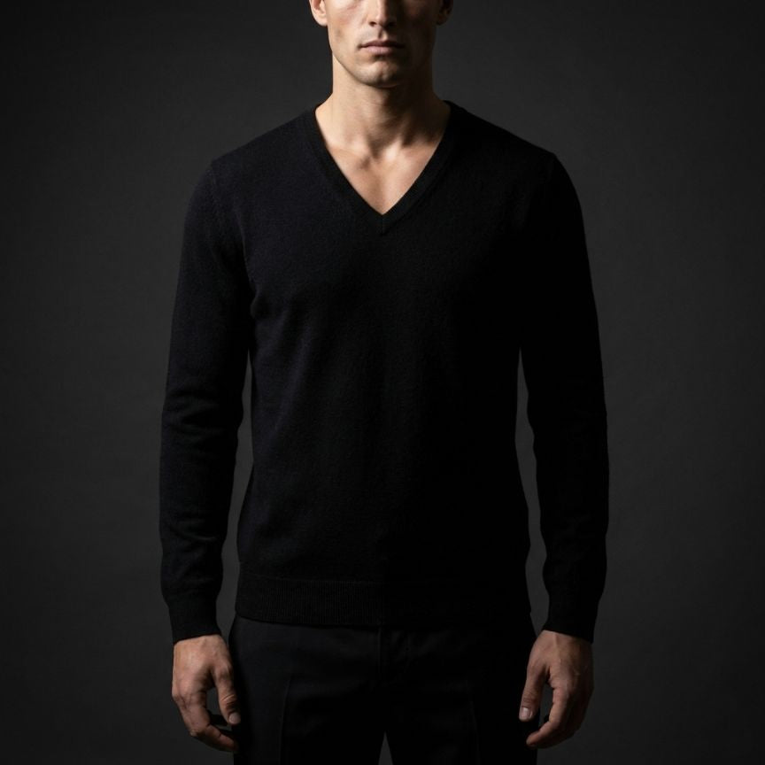 Man wearing a black V-neck sweater against a dark background
