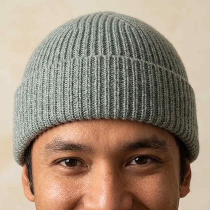 Men's hand-knit ribbed cashmere beanie, Noma in Heathered Jade - view 5