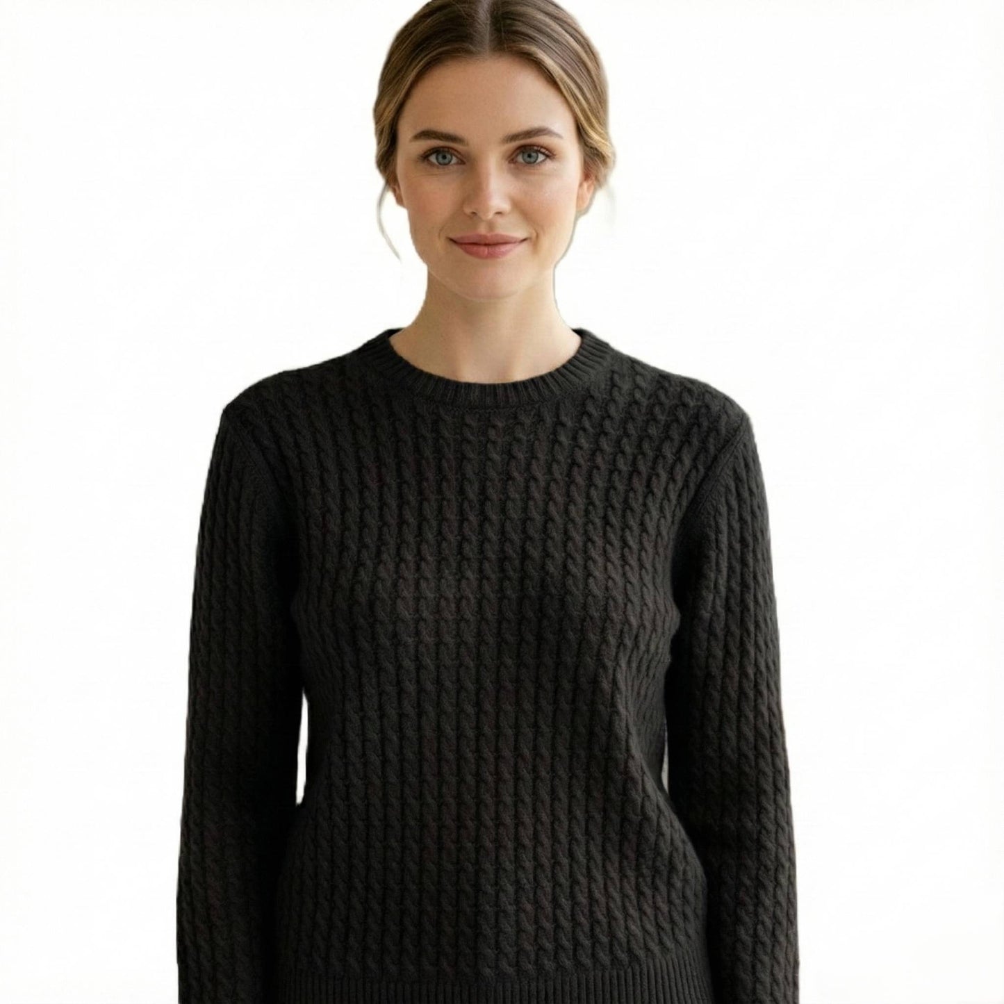 Grace Cable-Knit Cashmere Crewneck | 100% Pure Himalayan Women's Sweater Deep Onyx