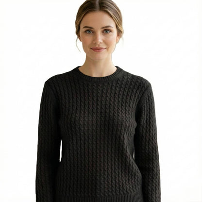 Grace Cable-Knit Cashmere Crewneck | 100% Pure Himalayan Women's Sweater Deep Onyx