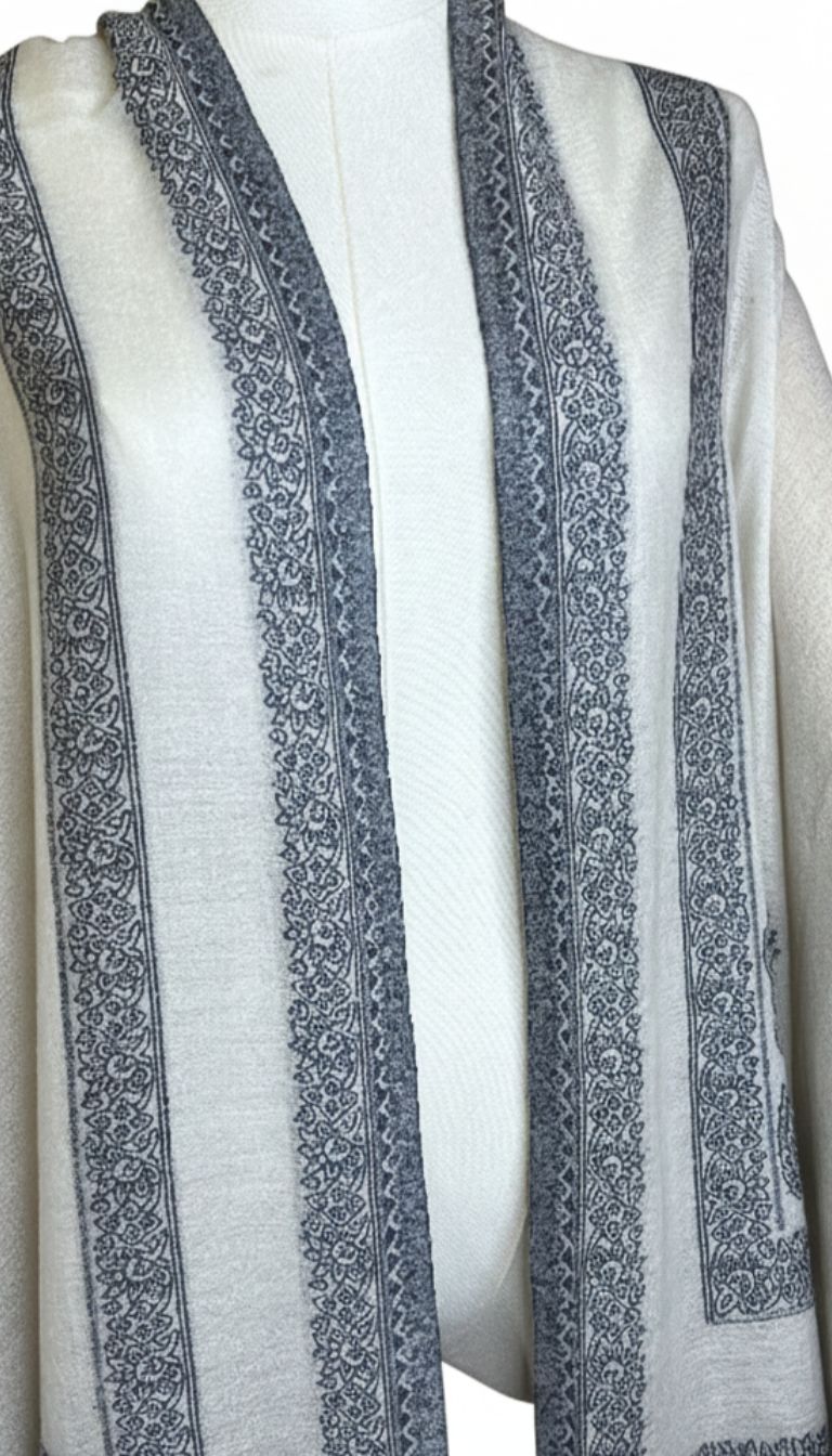 100% Pure Himalayan Cashmere Pashmina Shawl - Signature Neutral & Pattern Collection Snow White & Slate Blue