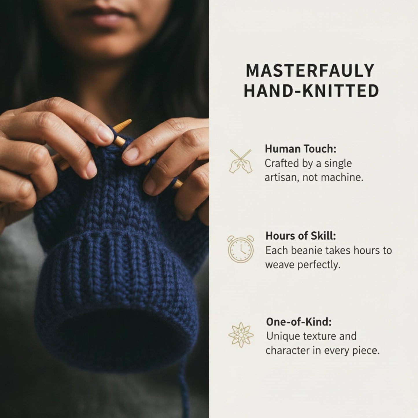 Dark Navy Noma 100% Pure Himalayan Cashmere Hand-Knit Beanie | 3-Ply Luxury Ribbed Hat 