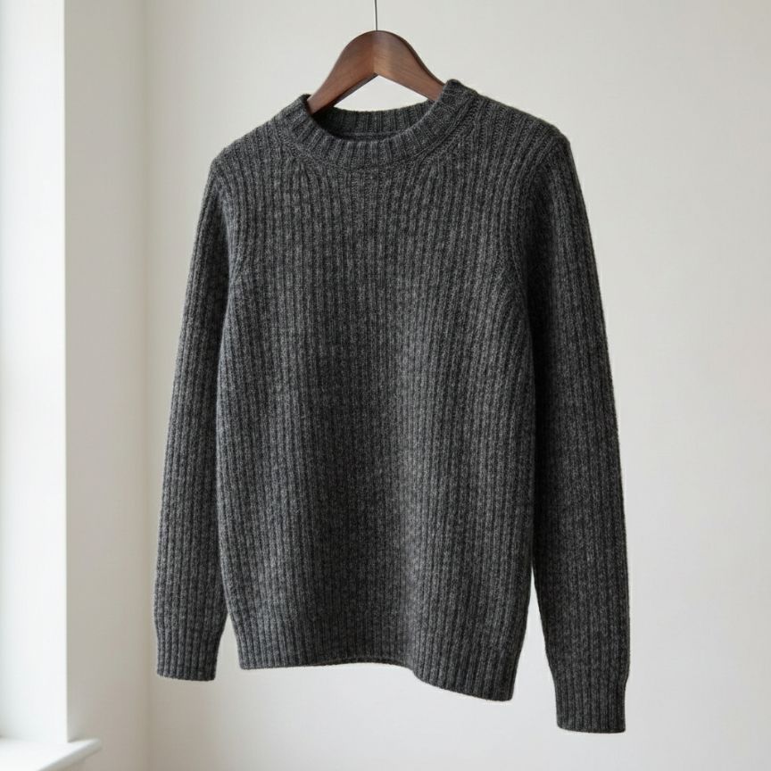 Gray sweater on a wooden hanger against a white background