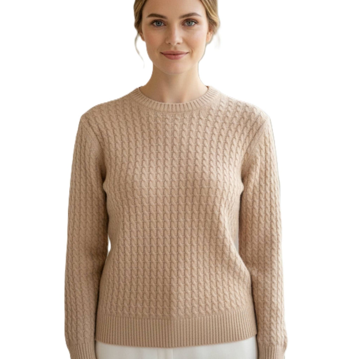 Grace Cable-Knit Cashmere Crewneck | 100% Pure Himalayan Women's Sweater Beige