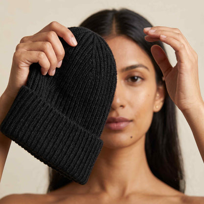 Women's hand-knit cashmere beanie in Deep Onyx - view 5