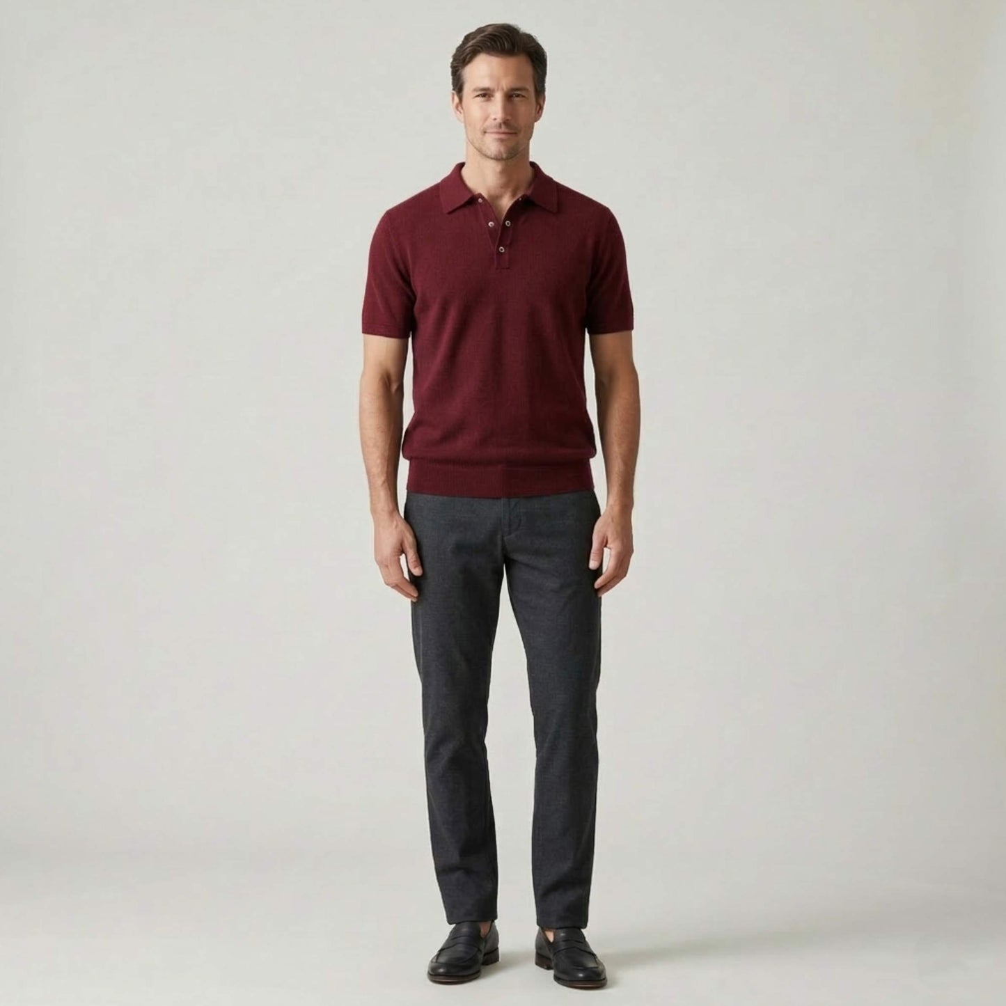 Wine Red Handcrafted Cashmere Polo T-Shirt for Men