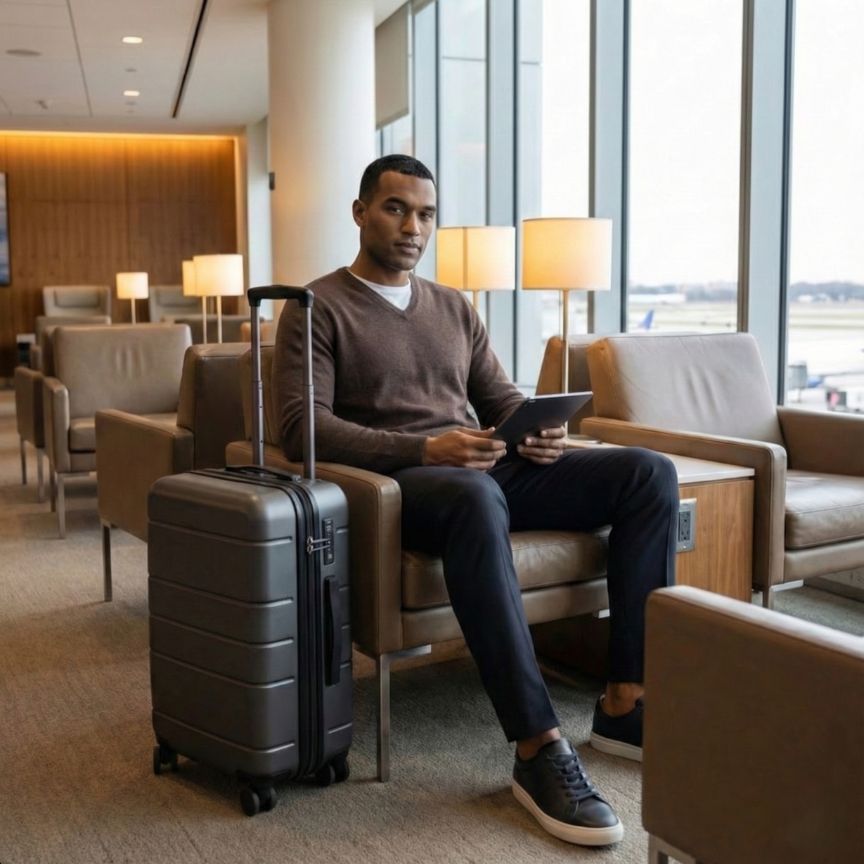 Man sitting in a lounge with a suitcase and tablet, looking out the window.