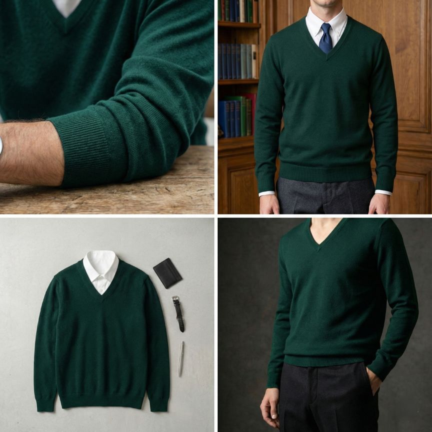 Collage of a green sweater worn by a person, displayed on a mannequin, and paired with a white shirt and tie.