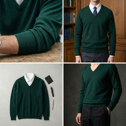 Collage of a green sweater worn by a person, displayed on a mannequin, and paired with a white shirt and tie.