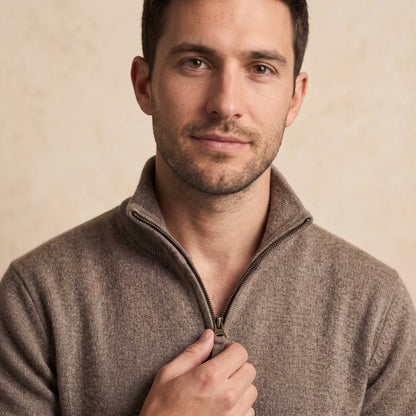 Men's undyed cashmere quarter-zip sweater, Executive in Toast Melange - view 3