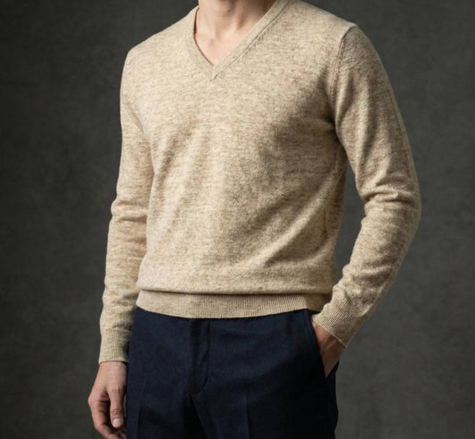 Oatmeal Melange Executive V-Neck | 100% Undyed Cashmere (200g)
