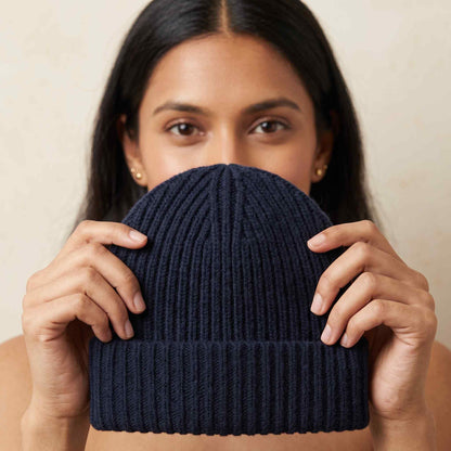 Women's hand-knit cashmere beanie in Midnight Navy - view 5