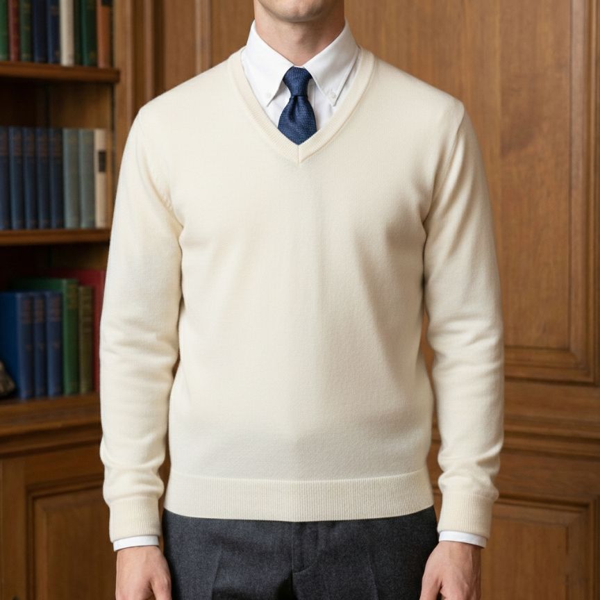 Person wearing a cream sweater over a white shirt with a blue tie, standing in front of a wooden bookshelf.