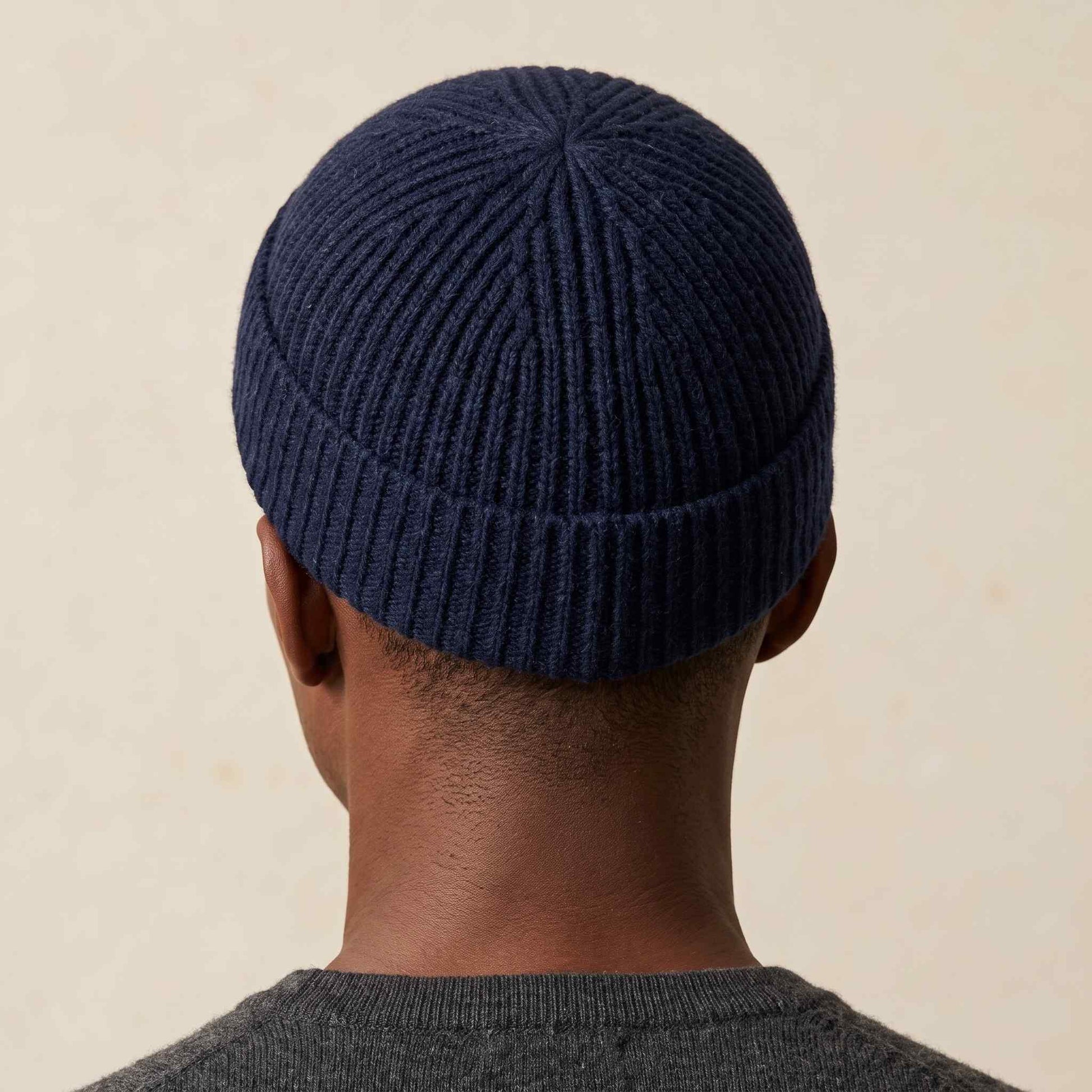 Men's hand-knit ribbed cashmere beanie, Noma in Dark Navy - view 5