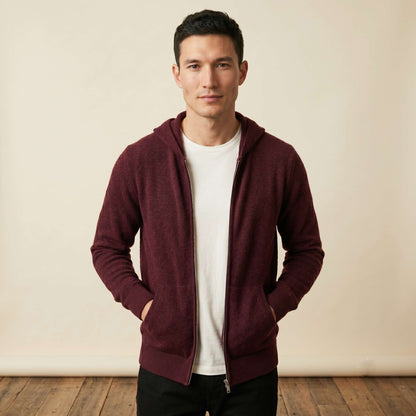 Original Kora Zip Himalayan Cashmere Hoodie For Men in Wine Red — Himalayan cashmere, view 1