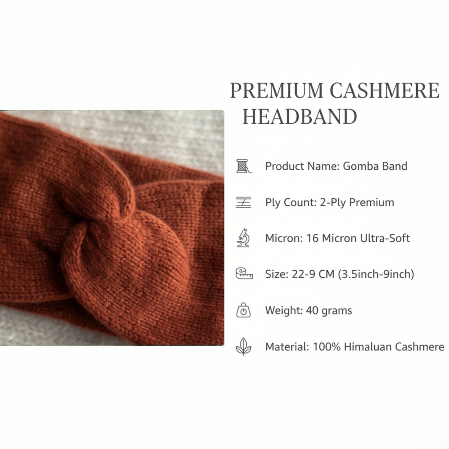 The Gomba Band | Twisted Front 100% Pure Cashmere Headband | 2-Ply 16 Micron Hand-Knit Ear Warmer