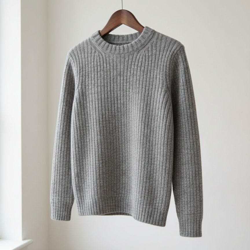 Gray ribbed sweater on a wooden hanger against a white background