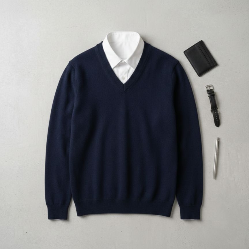 Brown sweater over a white shirt with a wallet, pen, and lighter on a gray background