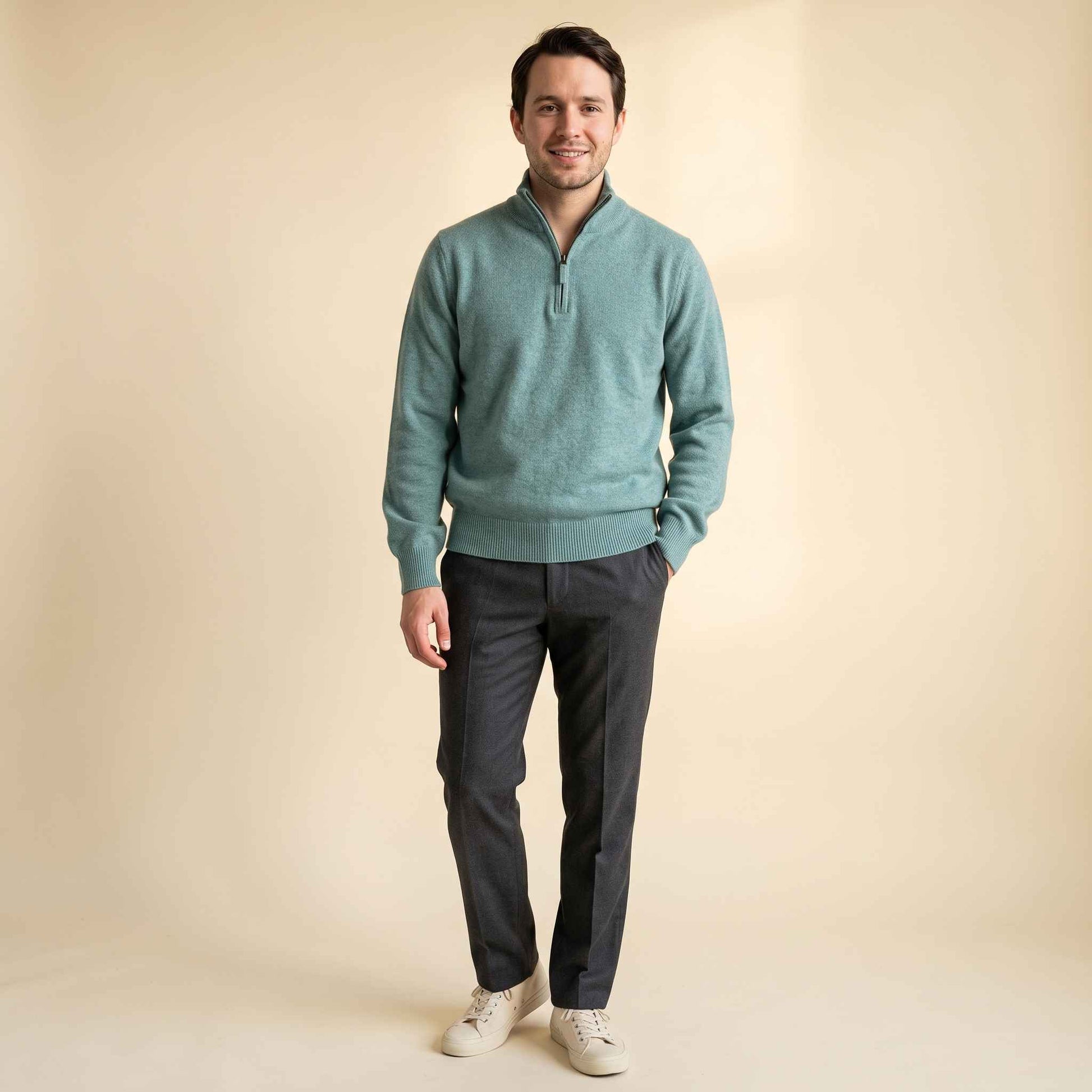 Men's cashmere half-zip sweater, Embrace in Heathered Jade - view 3