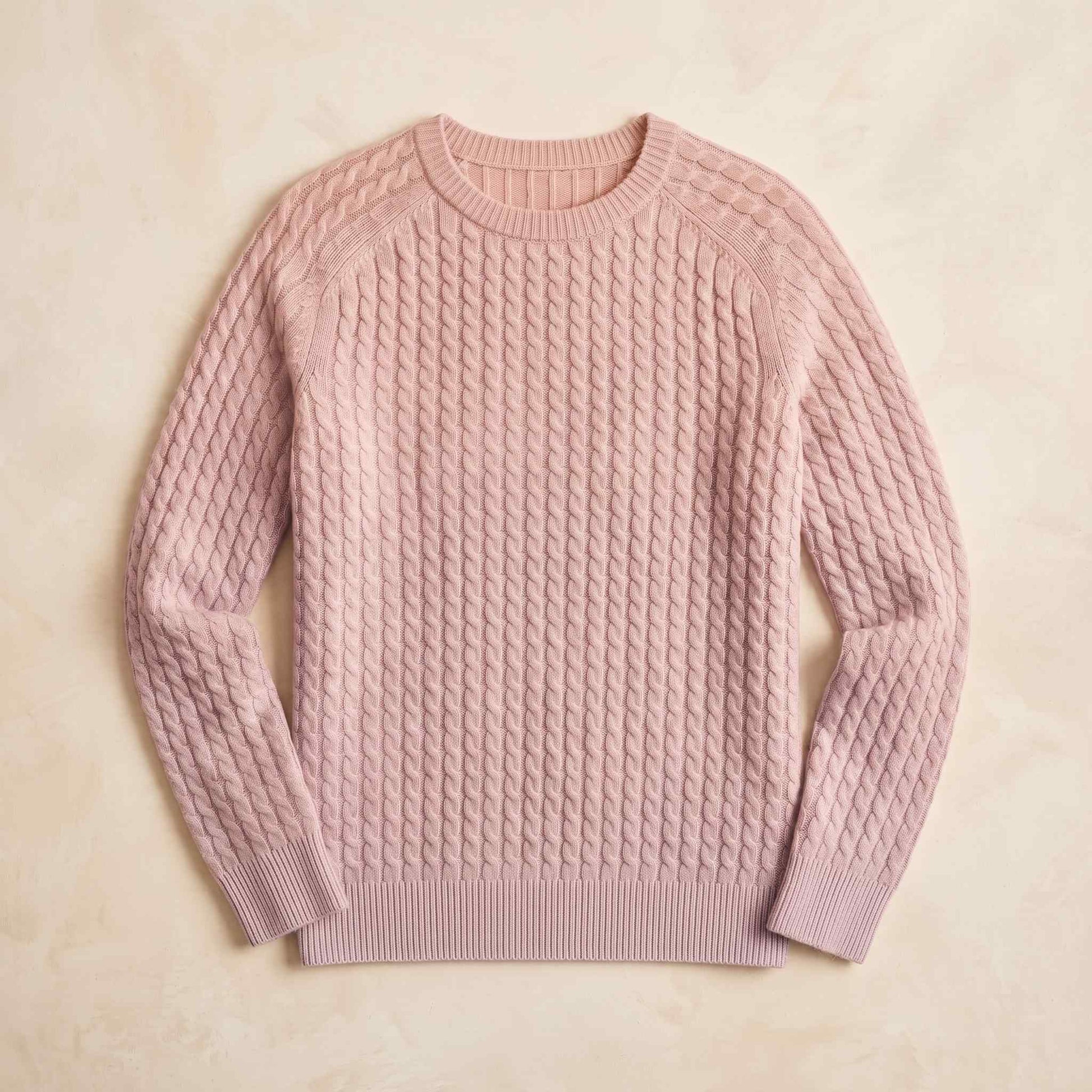Women's cable-knit cashmere crewneck sweater, Grace in Blush Pink - view 3