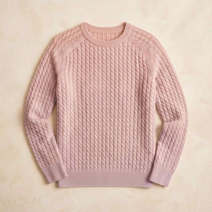 Women's cable-knit cashmere crewneck sweater, Grace in Blush Pink - view 3