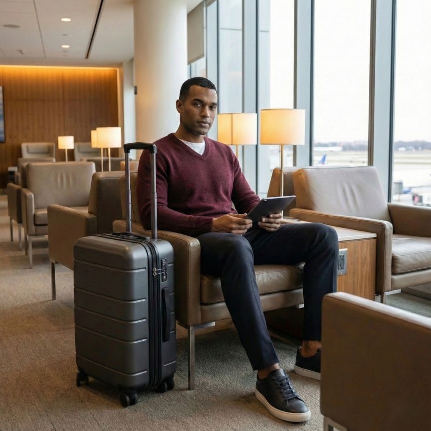 Man sitting in an airport lounge with a suitcase and tablet