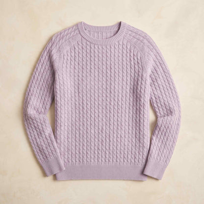 Women's cable-knit cashmere crewneck sweater, Grace in Lilac - view 3