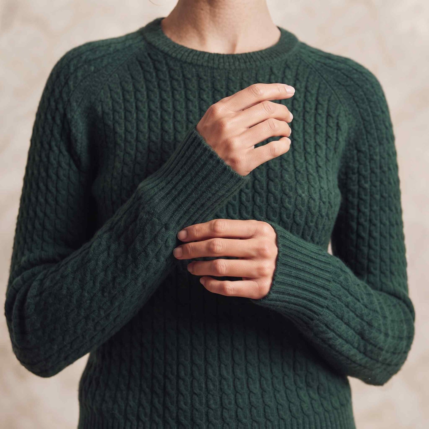 Women's cable-knit cashmere crewneck sweater, Grace in Pine - view 2