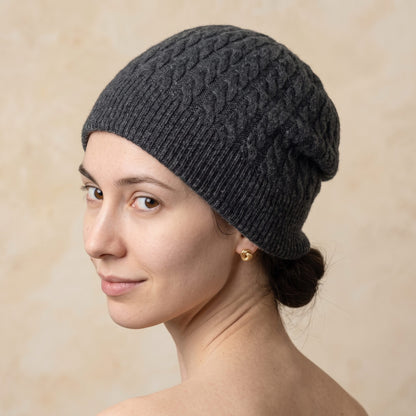 WCDM Women's Undyed Cashmere Beanie - Heritage Cable Knit Dark Grey Melange 7
