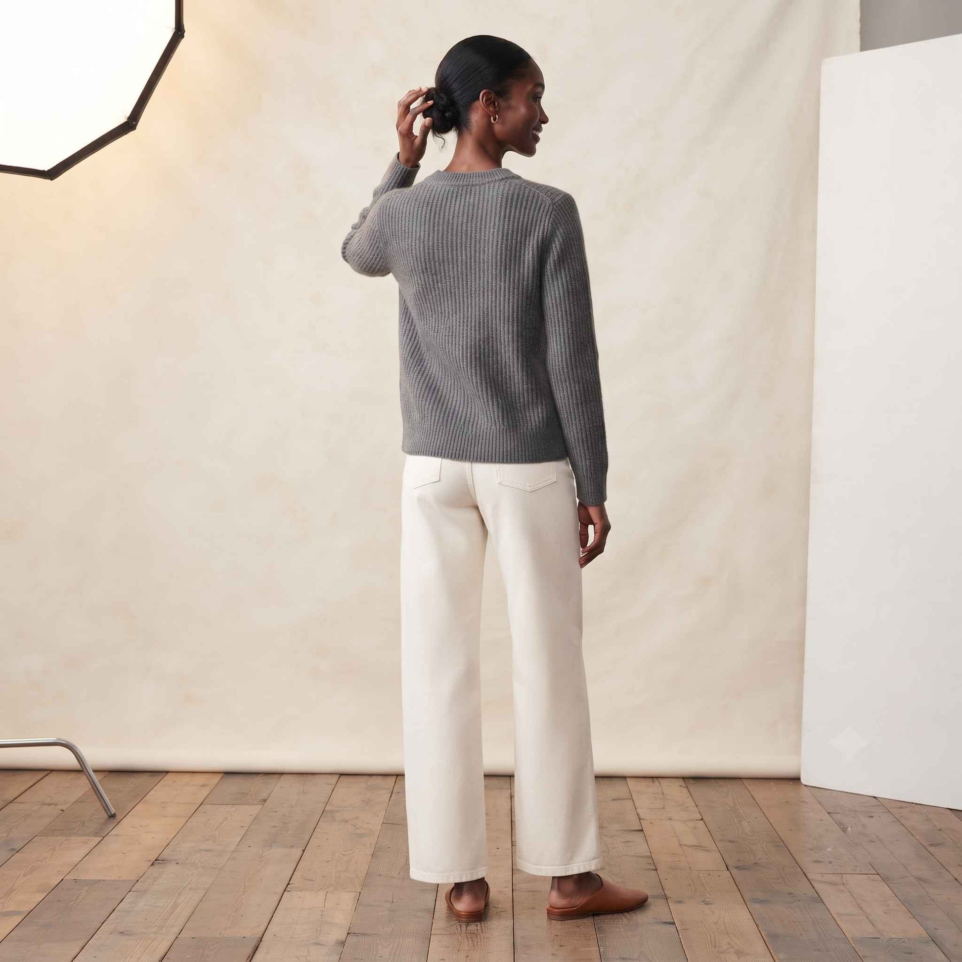 Women's Cashmere Sweater - Ella Ribbed in Mid Grey Melange - view 3