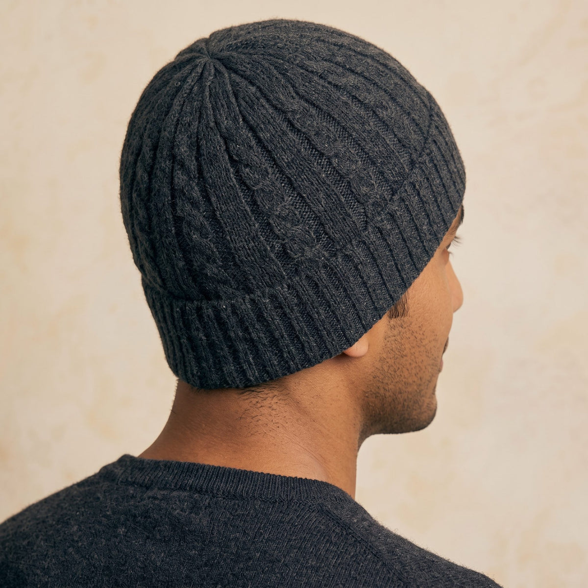 HCDM Men's Undyed Cashmere Beanie - Heritage Cable Knit Dark Grey Melange 7