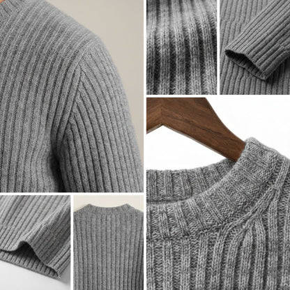 Collage of a gray sweater with close-up details on a neutral background