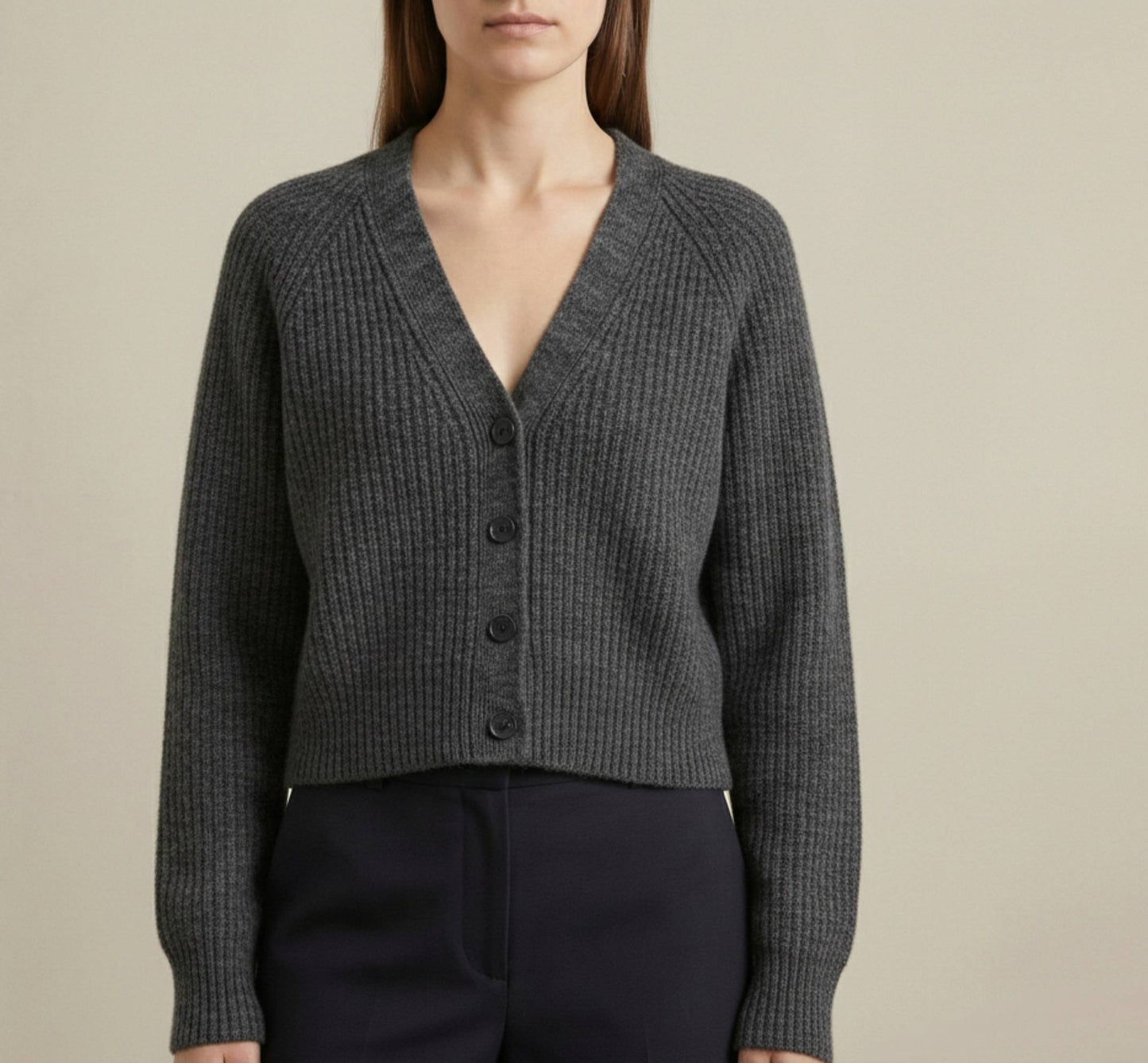 The Lhotse V-Neck Cardigan Undyed Himalayan Cashmere For Women - Dark Grey Melange
