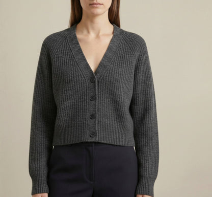 The Lhotse V-Neck Cardigan Undyed Himalayan Cashmere For Women - Dark Grey Melange