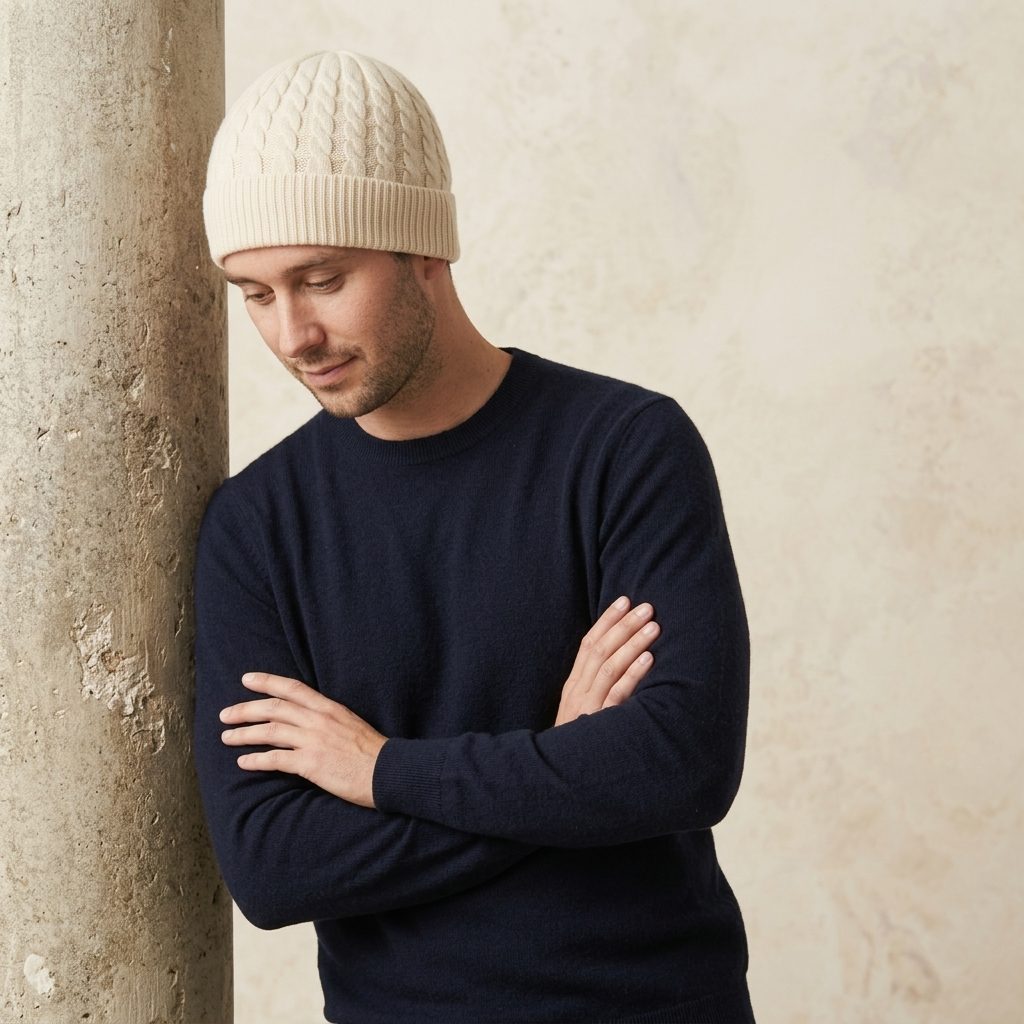 HCOW Men's Cashmere Beanie - Heritage Cable Knit Off-White 7